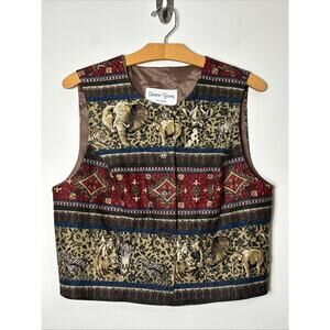 Sharon Young VTG 90s Animal Print Safari Vest Size 10 Linen Blend Indie Eclectic